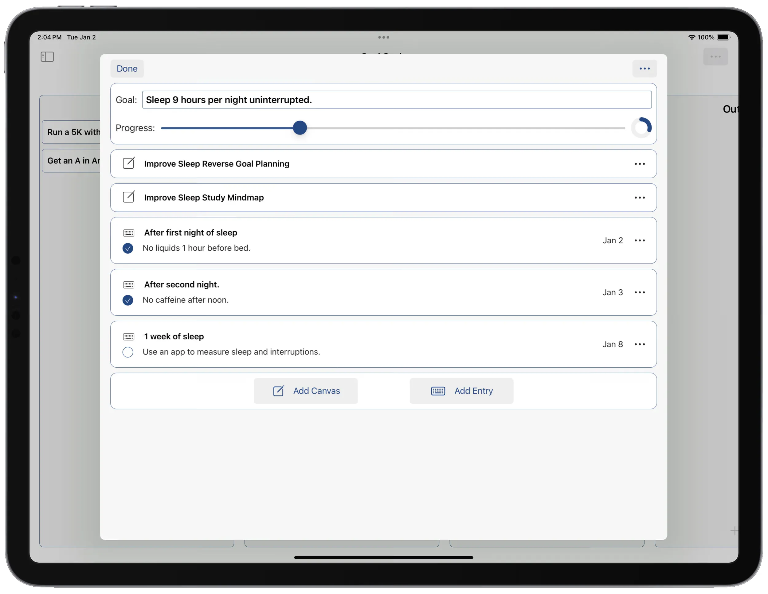 Goal cycle with three entries showing 25% progress
