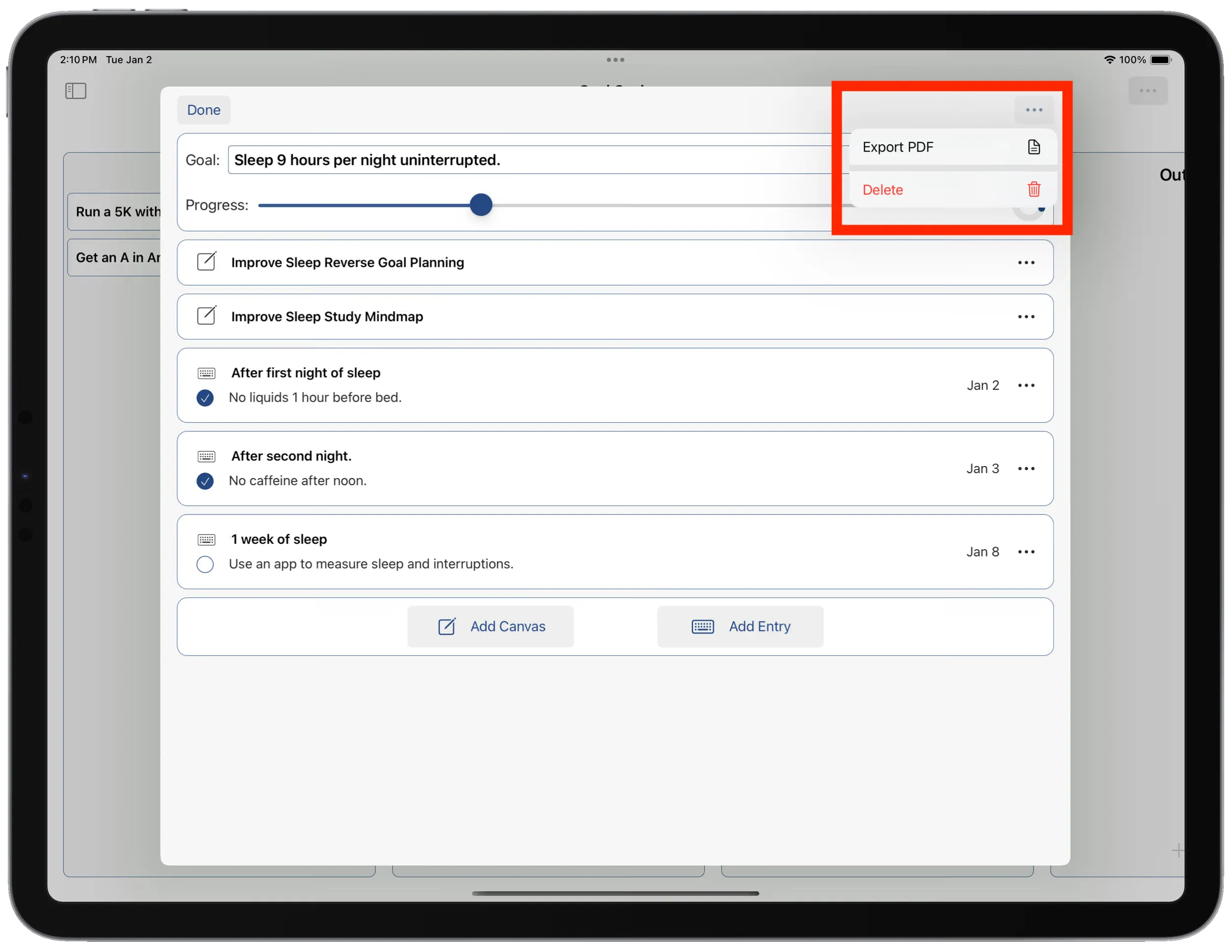 Export to PDF option in the goal cycle menu