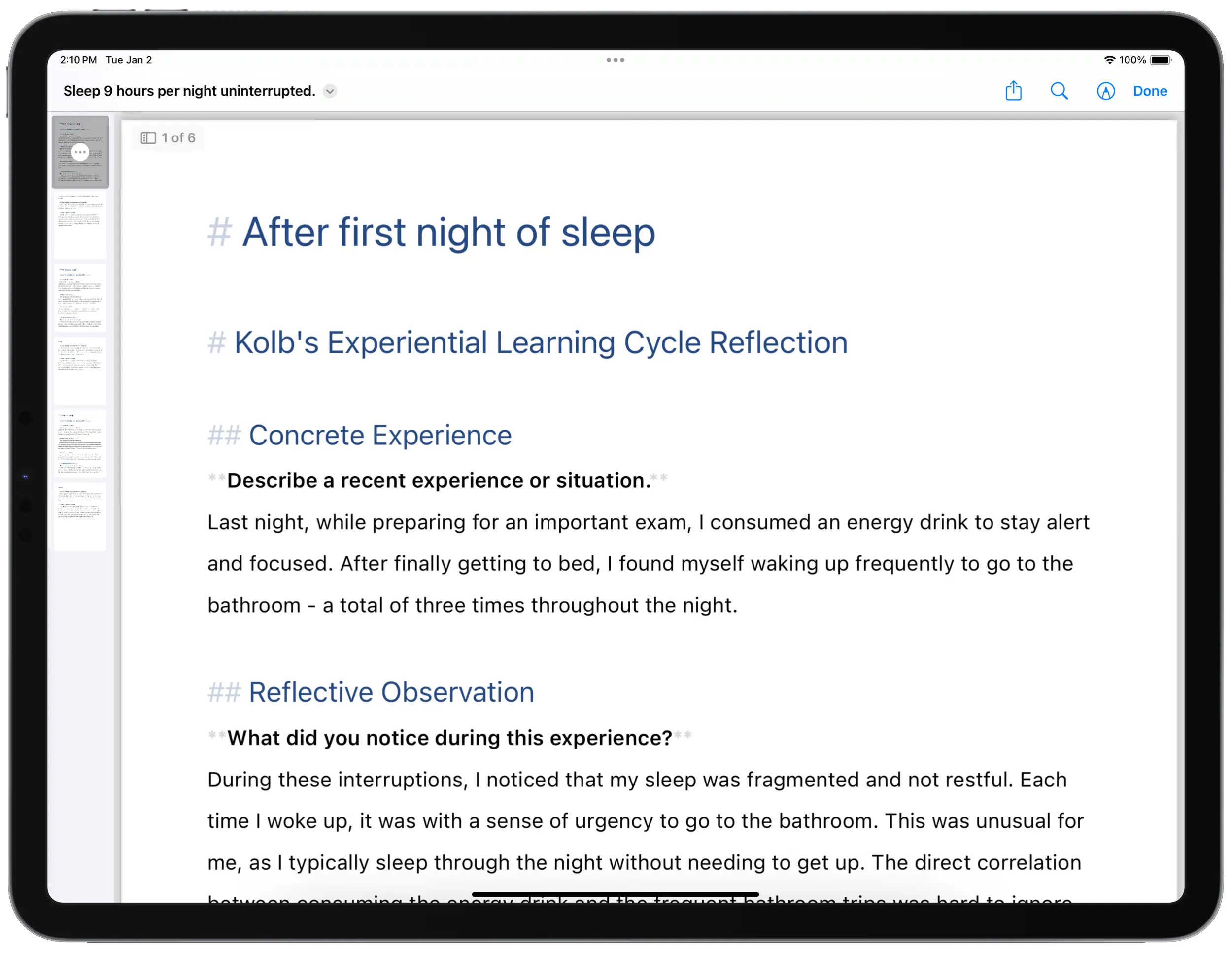 Exported PDF of the sleep improvement goal cycle