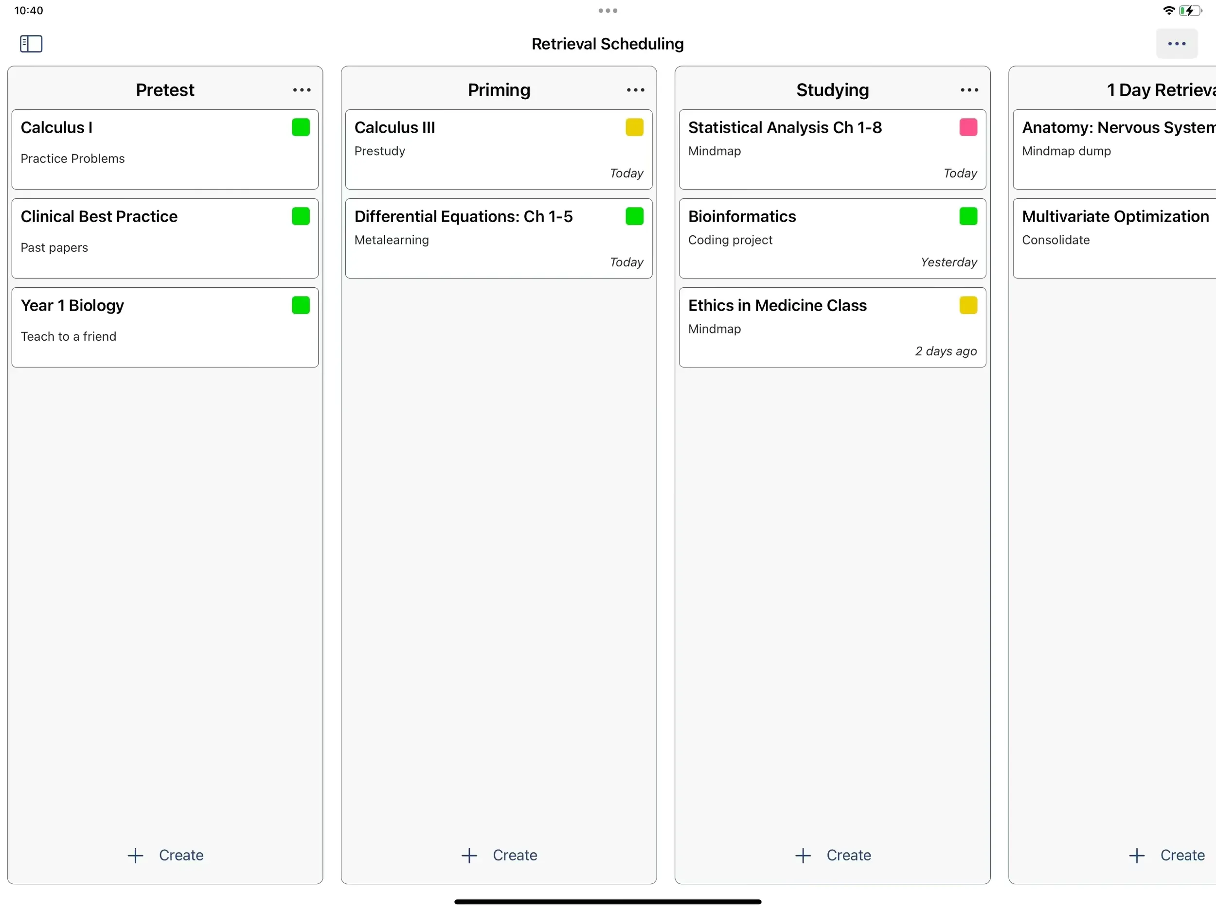 Revision board with Pre-test and Priming columns added