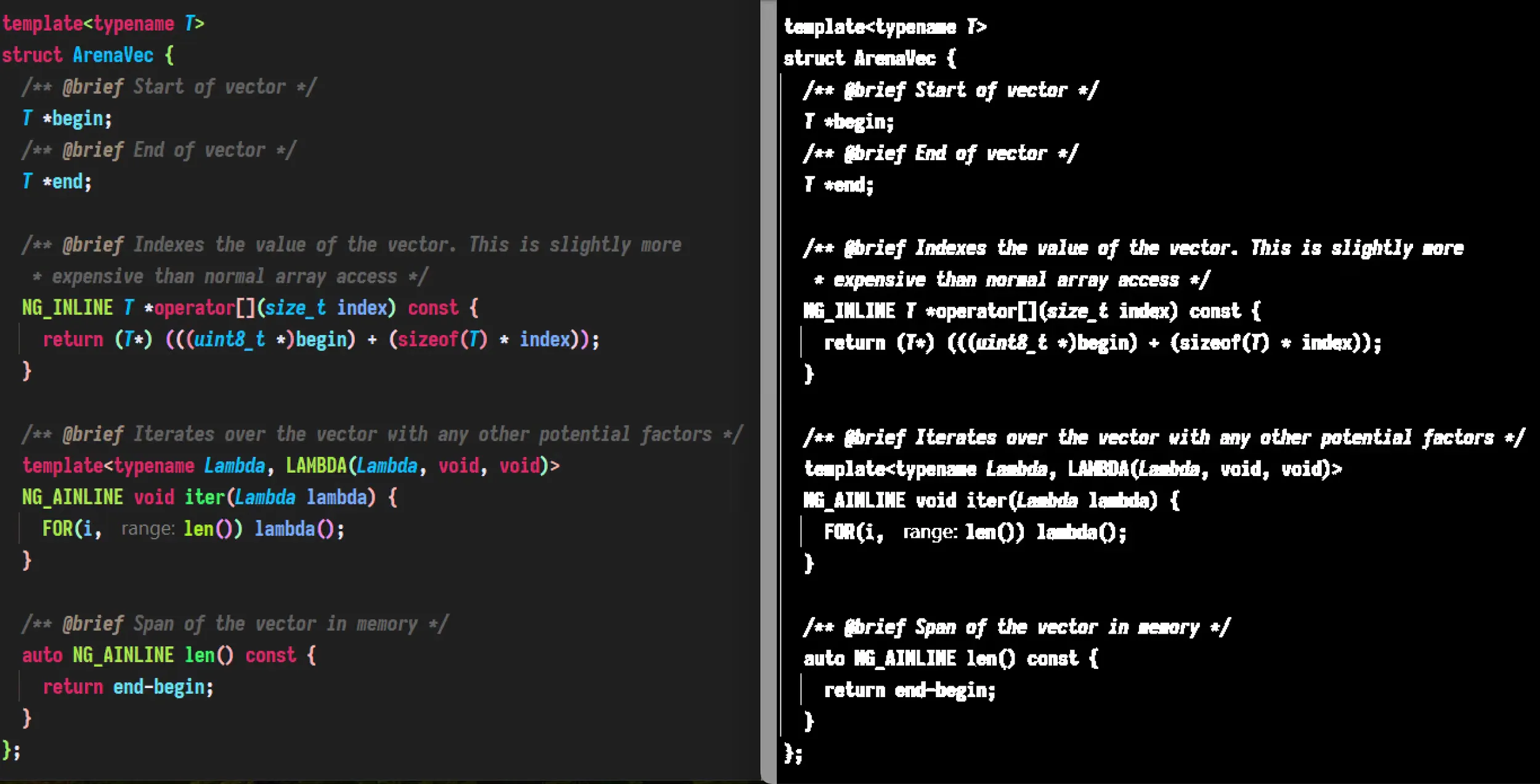 Side-by-side comparison of colored vs uncolored code